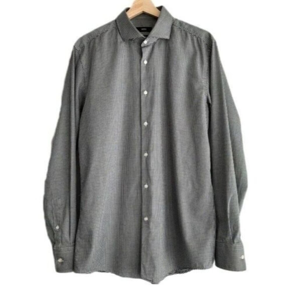 BOSS Jason Slim Fit B&W Checkered Pattern Button Down Shirt Men's Sz 16 1/2